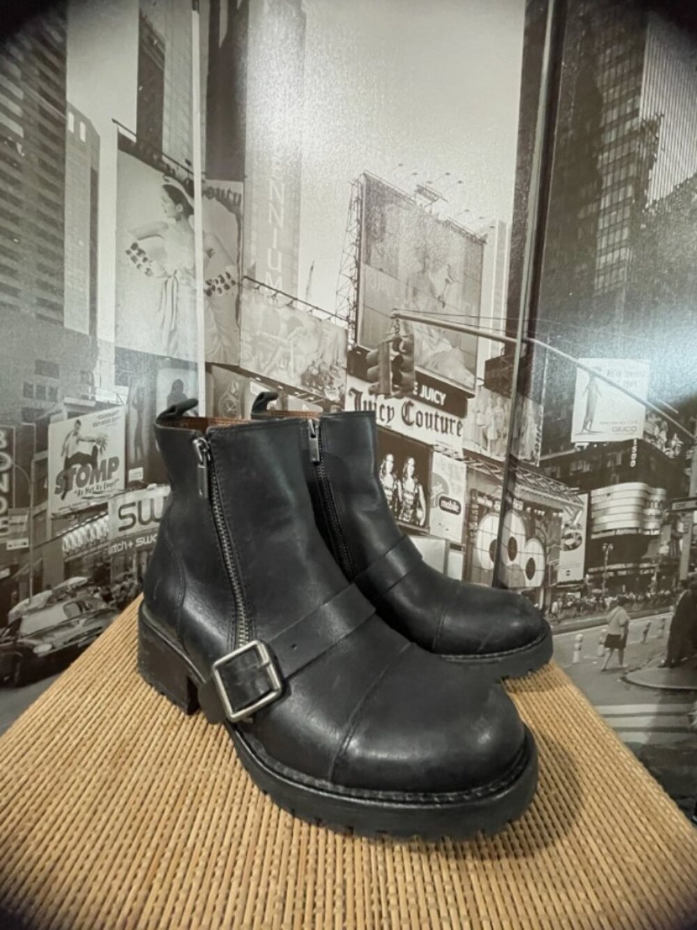 Lucky Brand Moto Boots Black Ondalucia Zipper Buckle Leather Combat Platform 8.5